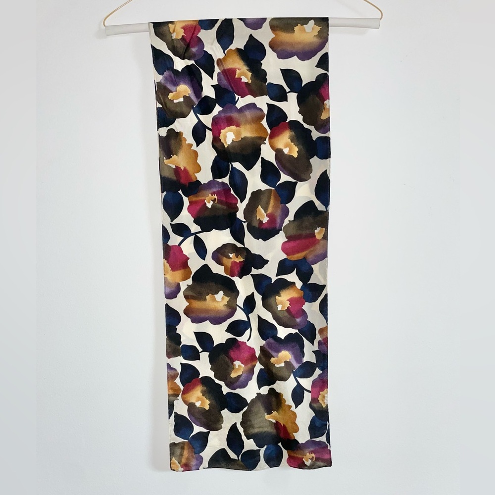 Silk Floral Watercolor Oblong Scarf Artsy Eccentric Bold - Picture 3 of 6